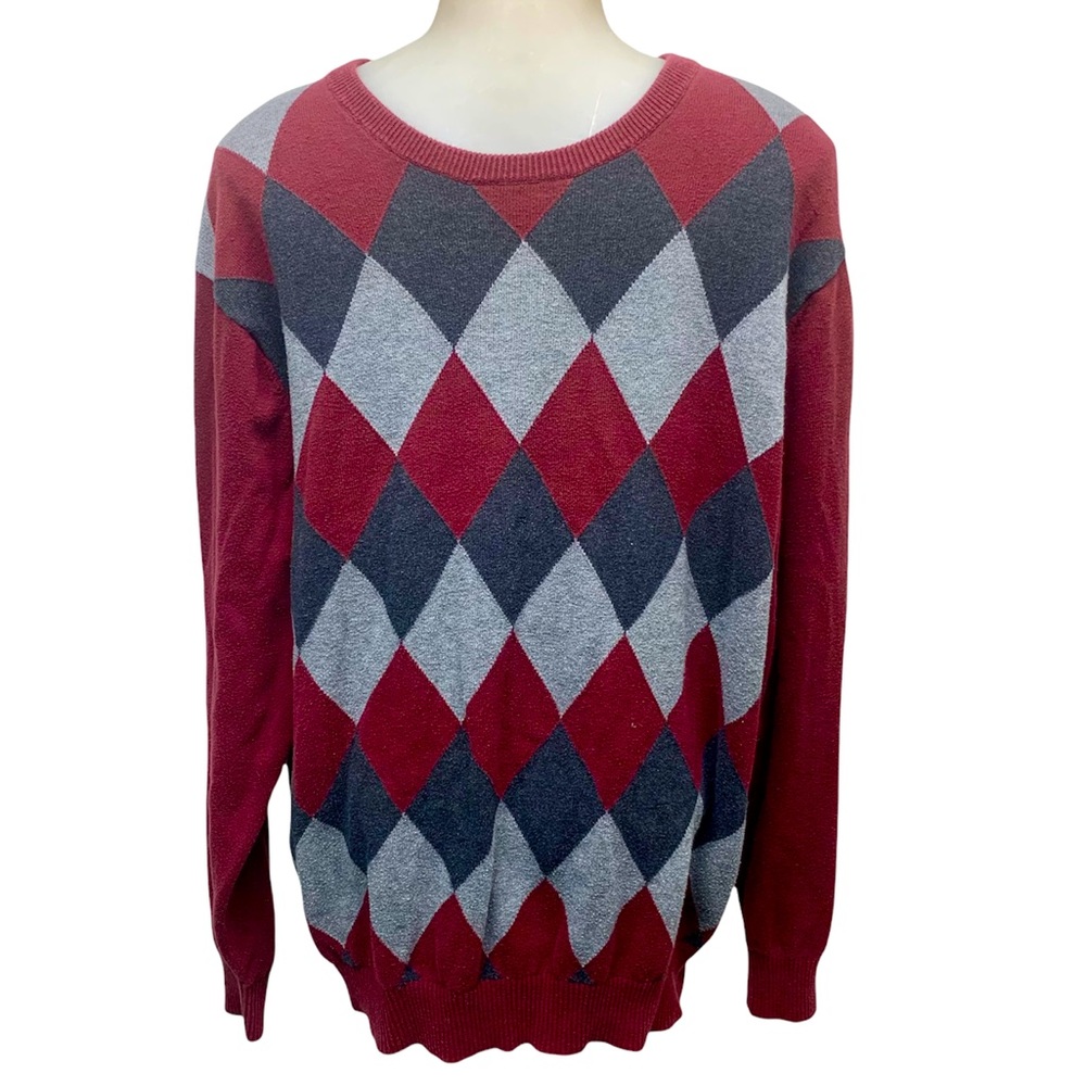 IZOD Sweater Burgundy Gray Crewneck Argyle Ribbed Cotton Top Eclectic Gr…